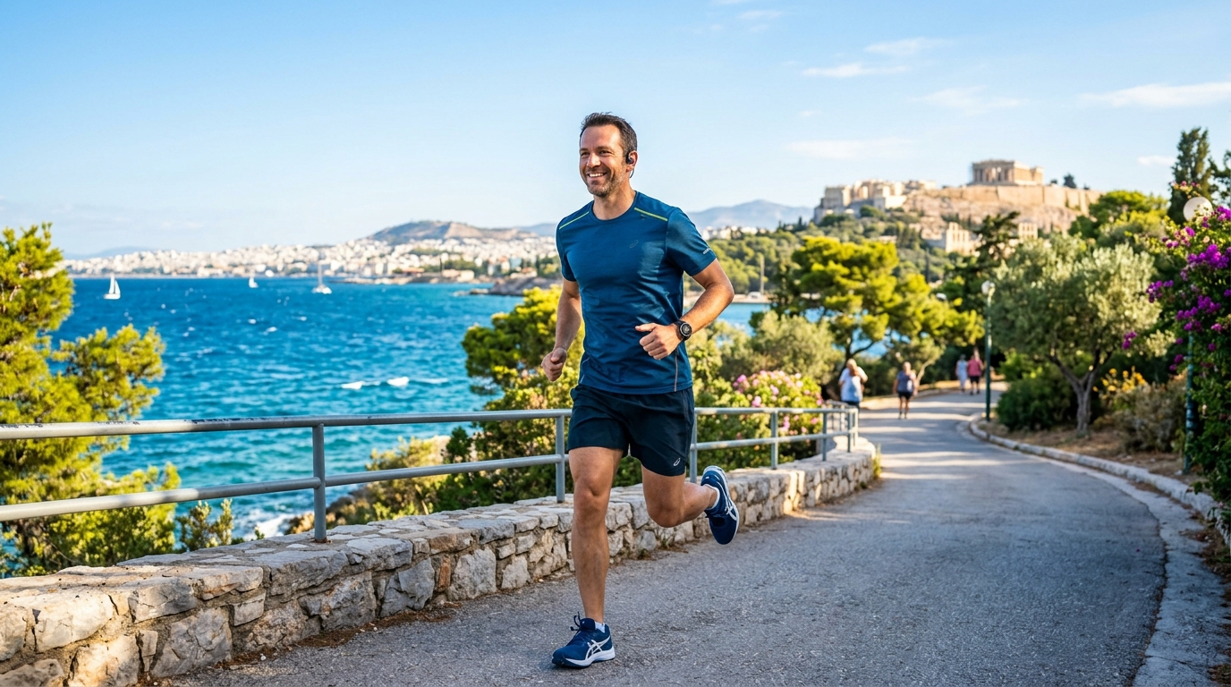 Άνδρας τρέχει σε πάρκο της Αθήνας δίπλα στη θάλασσα ένα ηλιόλουστο πρωινό